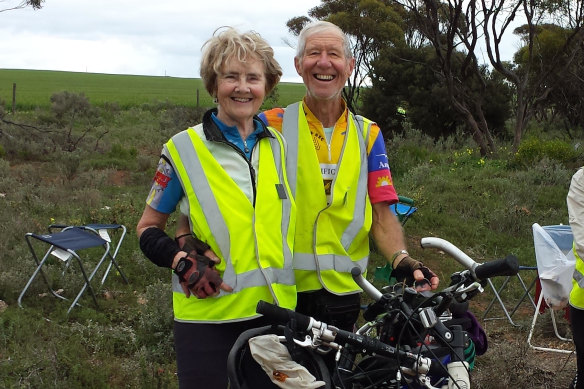 Janice and Bernie Fitzpatrick on a fundraising ride on the Eyre Peninsula, South Australia, in 2015.