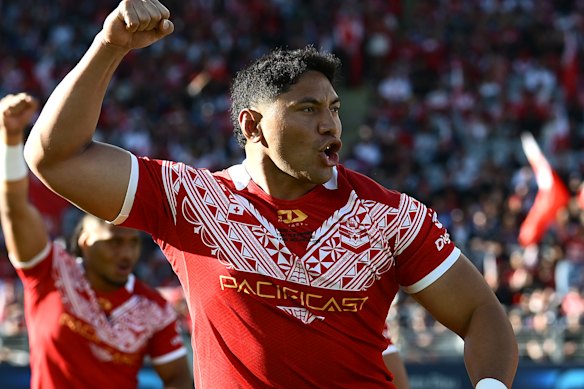 Jason Taumalolo of Tonga performs a war dance.