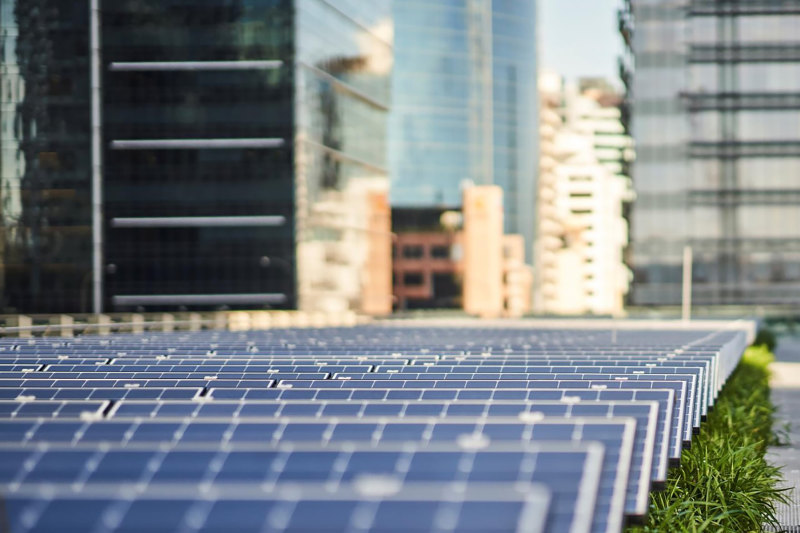 A solar installation atop Daramu House in Sydney’s Barangaroo South precinct.