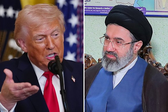 Mojtaba Khamenei (right), who was last seen before the war began, called US President Donald Trump&rsquo;s (left) signature &ldquo;worthless&rdquo; in a statement given to Iranian state TV.