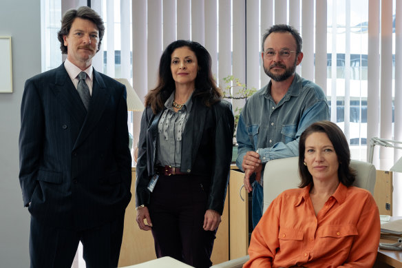 Dan Spielman, Maria Theodorakis, Daniel Henshall, and Anna Torv in The  Newsreader.