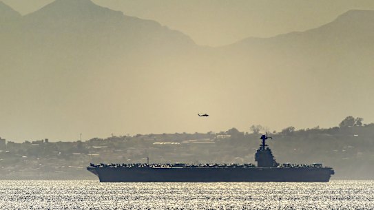 US aircraft carrier USS Gerald Ford heading through the Strait of Gibraltar a few days ago, on the way to the Middle East.