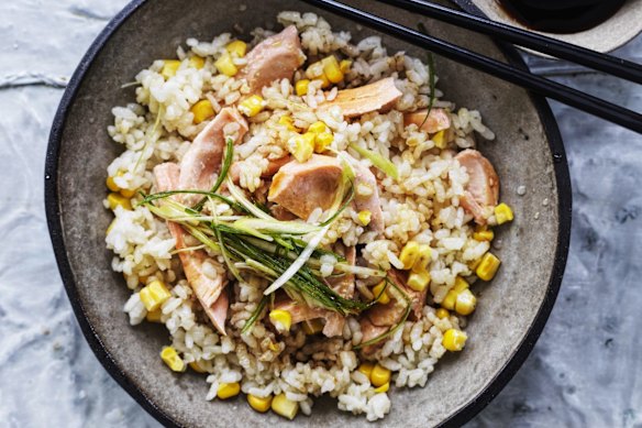 Salmon and corn rice.