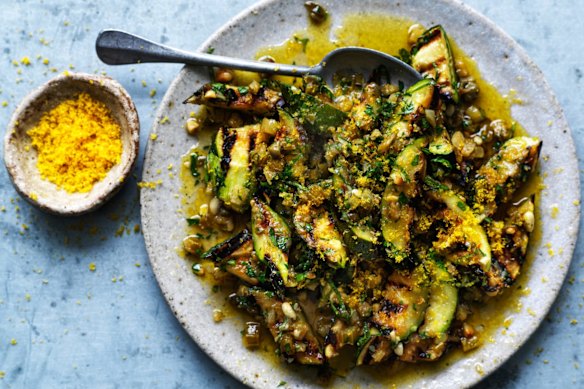  Grilled, marinated zucchini topped with bottagra.