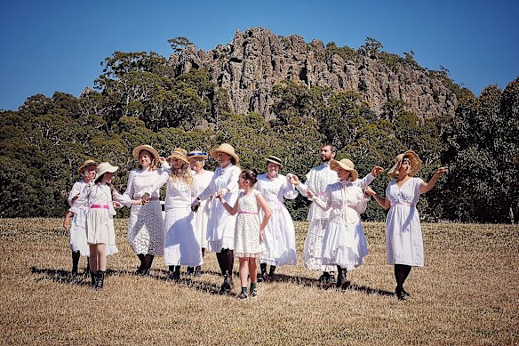 A group at Hanging Rock dressed as the character Miranda in 2018, as part of 50th anniversary celebrations of the novel.