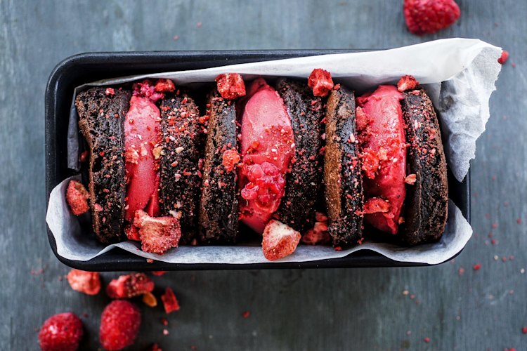 Dark chocolate, olive oil and sea salt brownie with raspberry sorbet. Ice-cream sandwiches for Good Food November 2018. Please credit Katrina Meynink.