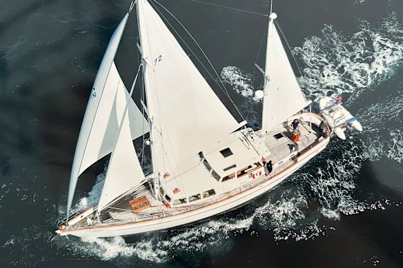 The 72-foot yacht Te Kaihōpara remains chained in Auckland.