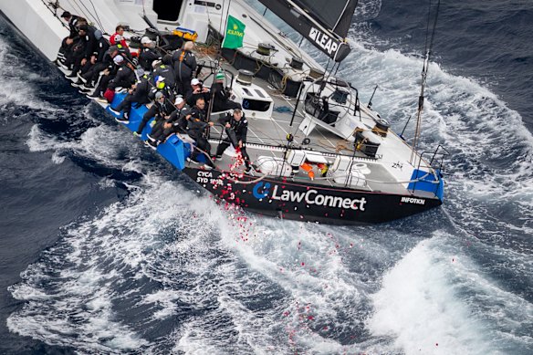 Race leader LawConnect scatters rose petals in the water as they pass Bondi Beach.