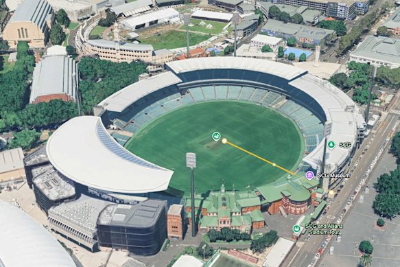 Where Steve Smith’s 107m six would have landed, according to Google Earth.