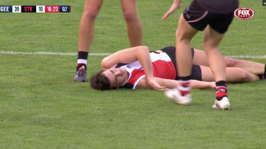 On-field incident: Dylan Roberton after collapsing during round 4 in April last year.
