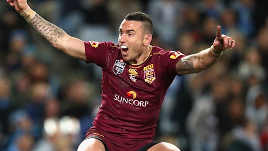 New Maroons coach Darius Boyd, pictured celebrating a try in game three of the 2016 series.