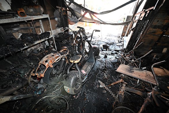 The burnt remains of a fire sparked by an e-scooter battery. 