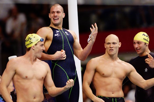  Australia’s 4x100m freestyle relay team of Chris Fydler, Ashley Callus, Michael Klim and Ian Thorpe celebrate their Sydney Olympic Games gold medal.