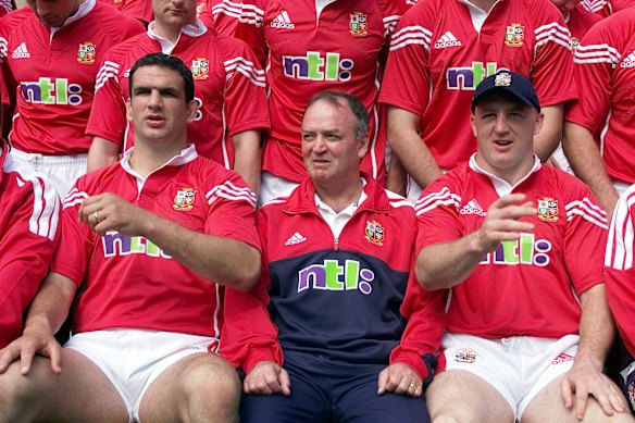 British Lions captain Martin Johnson, left, with coach Graham Henry, centre, and teammate Keith Wood, ahead of the 2001 tour.