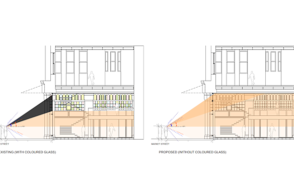 The architect report prepared for Vicinity Centres says replacing QVB’s stained-glass windows with clear ones will improve street views.