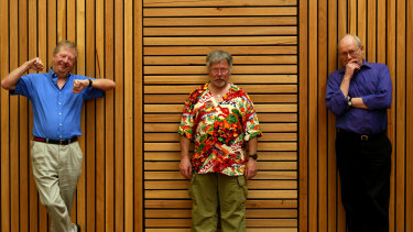 At the giddy height of  their fame, The Goodies: Tim Brooke-Taylor (left), Bill Oddie (centre) and Graeme Garden (right).