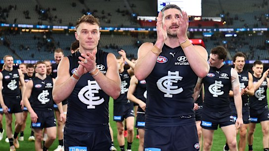 Patrick Cripps and Marc Pittonet lead the resurgent Blues off the ground on Saturday