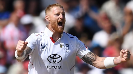 Ben Stokes celebrates dismissing Zak Foulkes in the Trent Bridge Test.