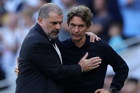Ange Postecoglou and Thomas Frank before a Tottenham-Brentford clash in 2024.