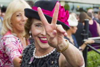 Gai Waterhouse gives the V for victory after winning The Golden Slipper with Overreach in 2013.