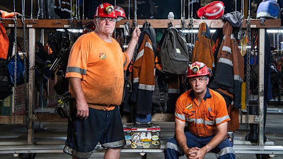 Jason Thoroughgood (left) and Luke Baker, workers at the Myuna coal mine near Newcastle.