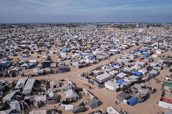 Makeshift tents in a camp for displaced Palestinians in the Al-Mawasi area in January.