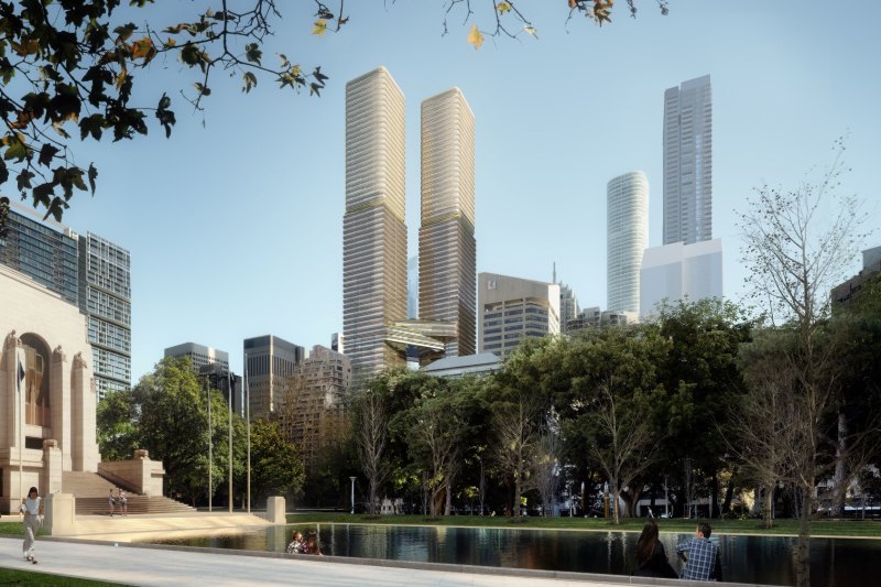 An artist render of Metrics and Billbergia’s vision for two residential towers at 338 Pitt St that overlook Hyde Park.