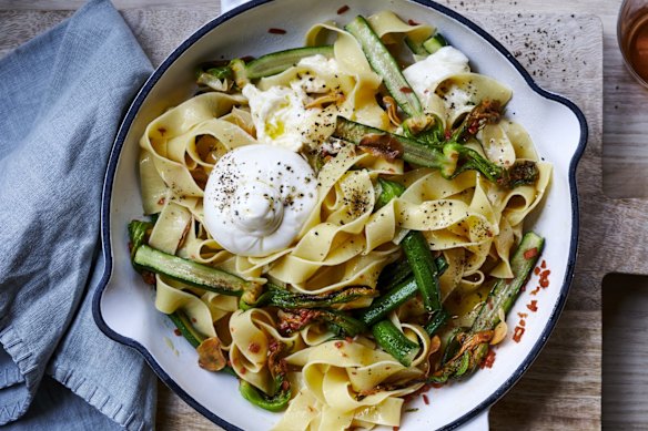 Blistered zucchini pasta with garlic and burrata. 