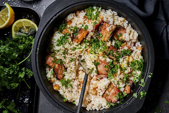 Crispy speck, prawn and lemon pilaf with herbs 