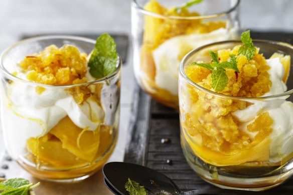 Mango lassi parfait with honey and cardamom granita.