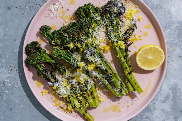 Barbecued broccolini with pecorino and lemon.