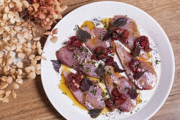 Ante’s bonito crudo comes with an ever-changing accompaniment, such as burnt honey and rhubarb.