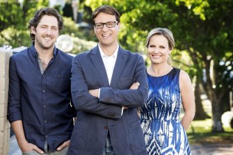 Selling Houses host Andrew Winter, centre, with landscape gardener Charlie Albone and designer Shaynna Blaze.