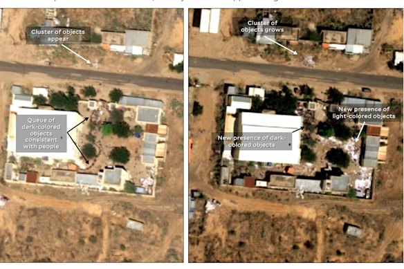 Images collected on October 27, left, show clusters of dark-coloured objects consistent with people queuing outside a former children’s hospital. Across the street, a new cluster of white objects appear. One day later, right, objects of a similar size and colour as the queue now appear tightly grouped together, and a set of light-coloured objects appears in the southeast corner of the compound. Across the street, the object cluster appears to grow in number.