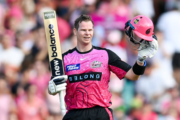 Steve Smith celebrates a record-equalling third Big Bash century earlier this year.