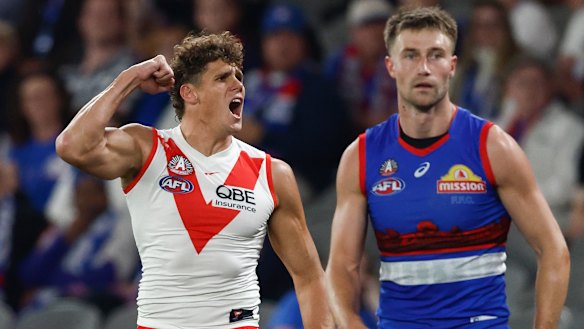 Charlie Curnow celebrates one of his seven goals.