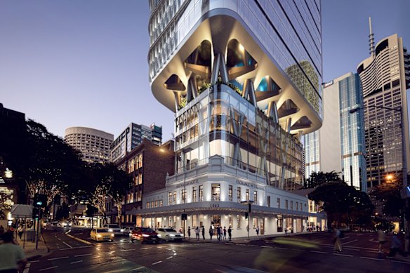 Renders of Brisbane Place, a commercial tower proposed for the Stock Exchange Hotel site in the CBD.