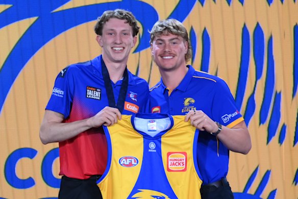 Harley Reid (right) will hope fellow No.1 draft pick Willem Duursma can help him rebuild the ailing on-field fortunes of the Eagles.