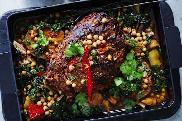 Slow-cooked pork shoulder and celeriac with braised chickpeas and silverbeet.