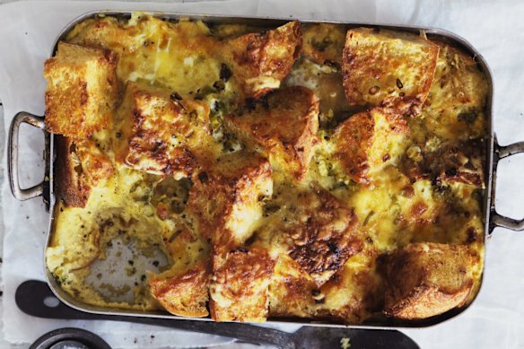 Sourdough, cheese and spring onion strata. 