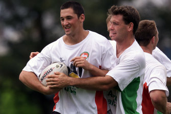 Wes Maas, left, at pre-season training for South Sydney at the end of 2001. 