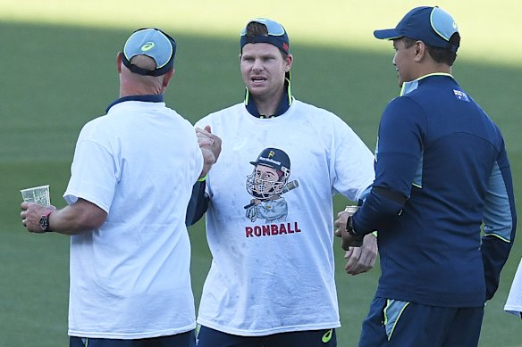 Steve Smith was among the Australian players celebrating their Ashes win in a “Ronball” T-shirt.