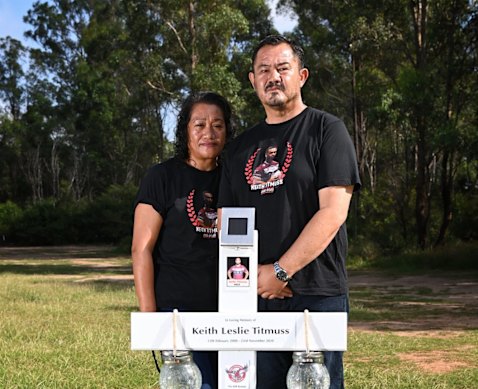 Paul and Lafo Titmuss at the grave of their son Keith Titmuss.