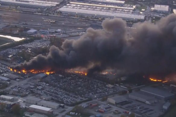 The debris field outside Louisville International Airport after a UPS plane crashed on take-off.