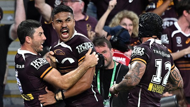 Brisbane celebrate their preliminary final escape against Penrith.