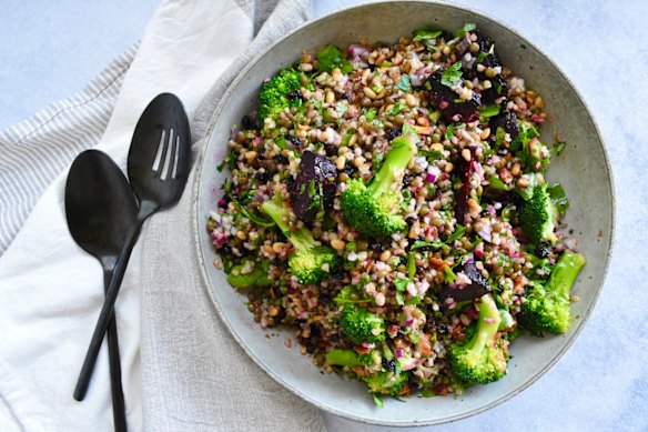 This grain salad can be made ahead ready for work lunches or to serve at gatherings.