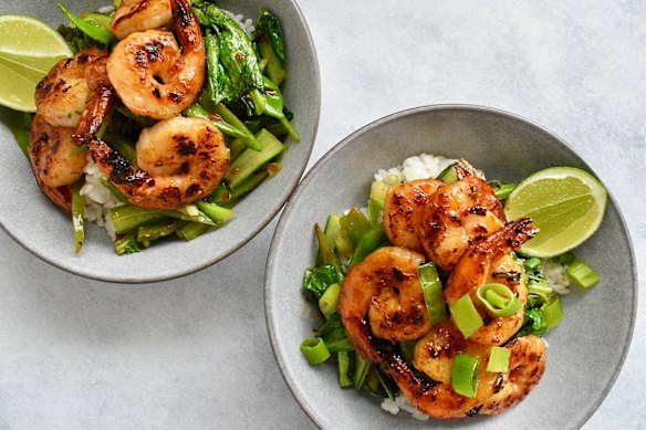 Sweet chilli prawns with Asian greens and rice is ready in minutes.