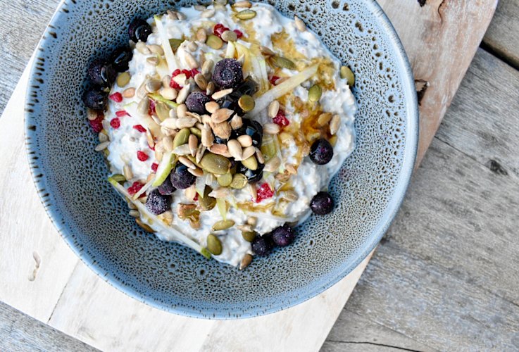 Prep bircher muesli (overnight oats) ahead, but vary the toppings.
