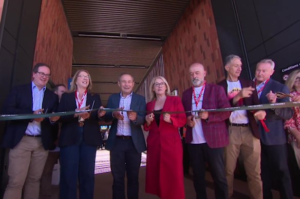 WA Premier Roger Cook and Transport Minister Rita Saffioti are joined by federal Transport Minister Catherine King, Burt MP Matt Keogh, Armadale MP Tony Buti and Darling Range MP Hugh Jones at the opening of the Byford Train Station on Sunday.