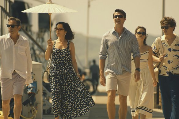 The White Lotus’ Ratliff family (from left): Jason Isaacs as Timothy, Parker Posey as Victoria, Patrick Schwarzenegger as Saxon, Sarah Catherine Hook as Piper and Sam Nivola as Lochlan.